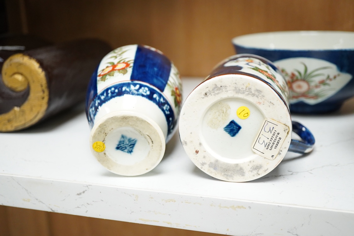 18th century Worcester kakiemon style porcelain comprising a tea caddy, mug and two slops bowls, largest 14cm high